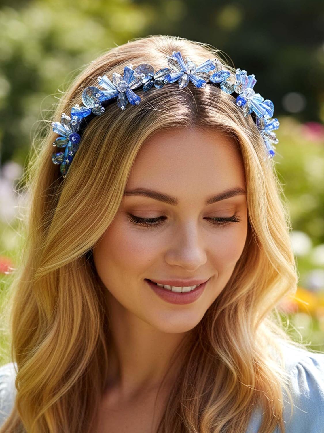 Formery Blue Crystals Headband Wedding Beaded Flower Headpiece Hair Accessories for Women - Image 7