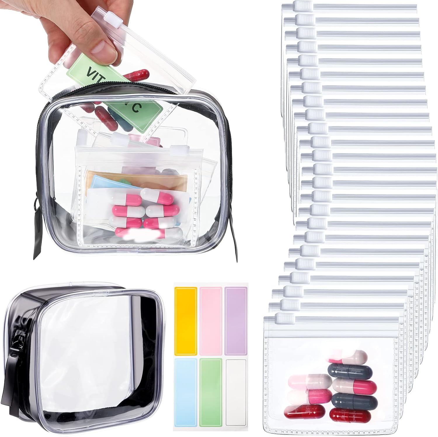 Meanplan 26 Pcs Pill Pouches Reusable Clear Zippered Pill Bag, Transparent PVC Toiletry Carry Pouch, 180 Pcs Waterproof Labels Stickers Travel Organizer Storage with Slide Lock for Small Items