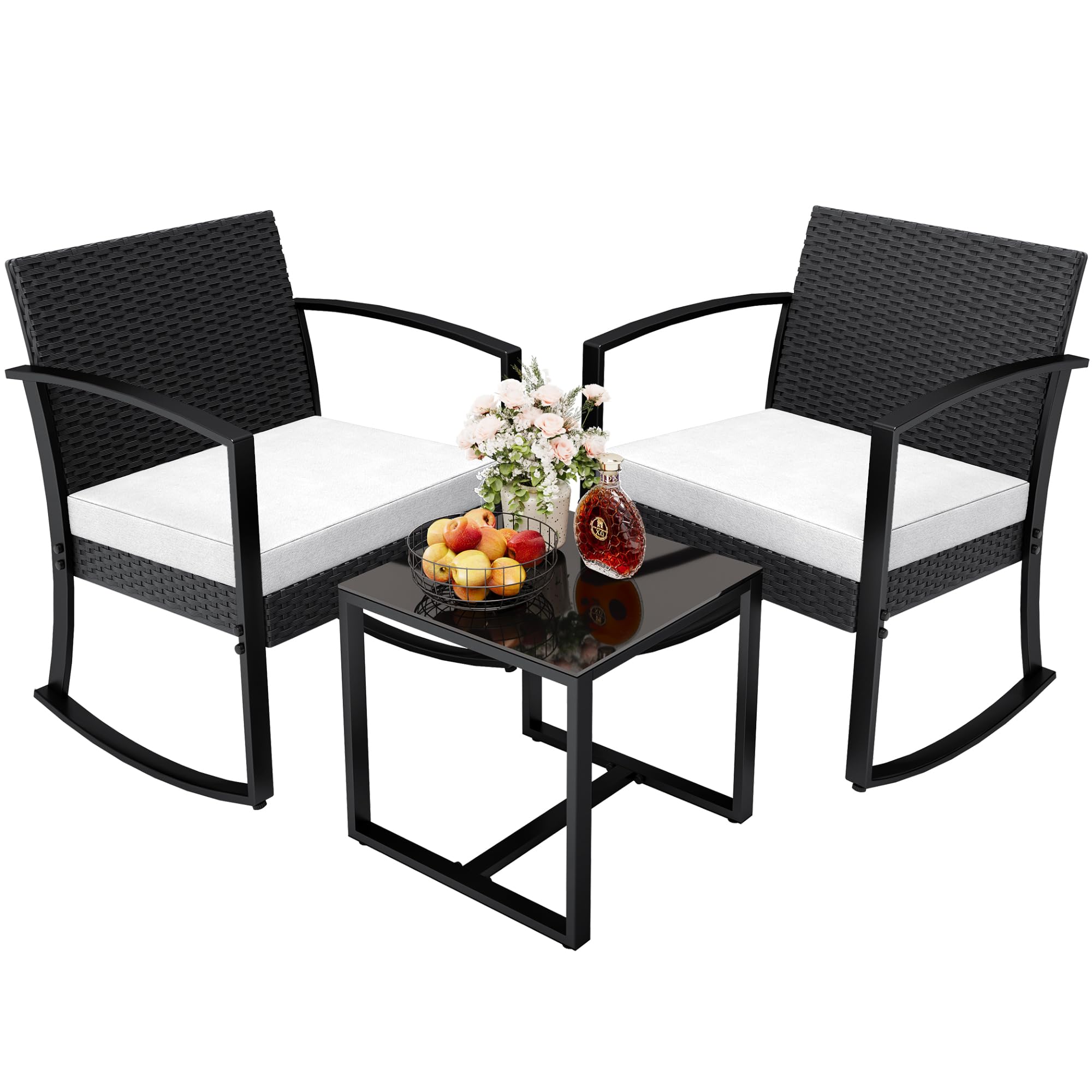 Greesum 3 Pieces Outdoor Furniture Set Patio Bistro Rocking Chairs with Glass Coffee Table for Pool Beach Backyard Balcony Porch Deck Garden, White