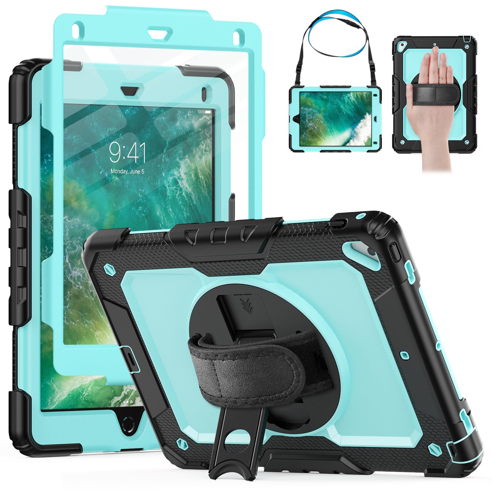 HXCASEAC Case for iPad Pro 9.7, Air 2, 9.7 inch 6th/5th Gen 2018/2017/2016/2014 with Screen Protector/Pencil Holder/ 360 Rotating Hand Strap Stand,