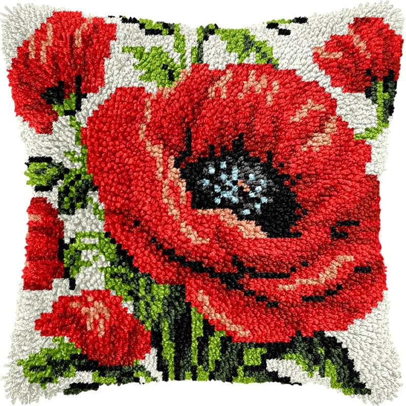 Poppy Flower DIY Latching Hook Pillow Kits for Adults Pillow Cover Preprinted Throw Pillow Crochet Yarns Latch Hooking Cushion Making for Home Decor 17x17inch(b65)