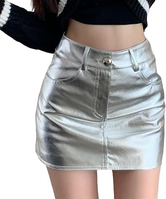 Womens Metallic Silver Mini Skirt High Waist Stretchy Bodycon Short Skirt Sexy Y2K Skirts for Party Rave