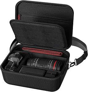 ProCase Hard Shell Camera Case for Canon Rebel T7/EOS R100/R50/DSLR/SLR/Nikon/Sony/Mirrorless Cameras, Soft Padded Digital Camera Travel Bag with 1 Shoulder Strap and 3 Adjustable Dividers -Black
