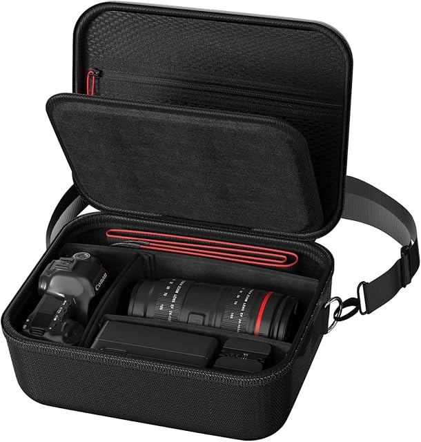 ProCase Cas de caméra de Shell dur pour Canon Rebel T7/EOS R100/R50/DSLR/SLR/Nikon/Sony/Mirrorless Caméras, Sac de voyage numérique souple avec 1 Etui et bandoulière 3 Diviseurs réglables - Noir