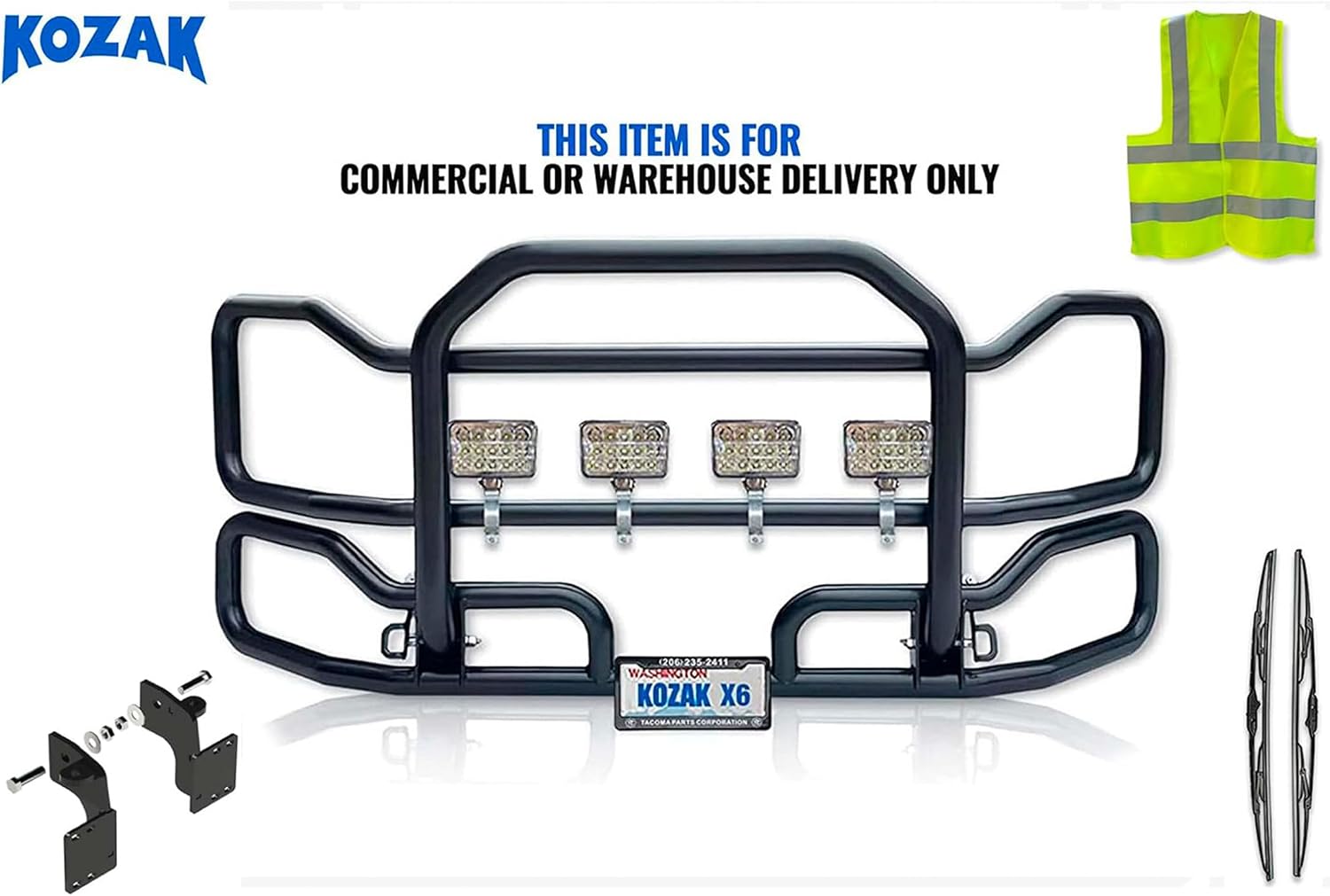 Black Front Grille Deer Moose Brush Bumper Guard Large Compatible with Mack CX 1999-2003 PLUS Bracket, 4X6” LED Lights, Wipers, License Plate Holder and Frame, Vest