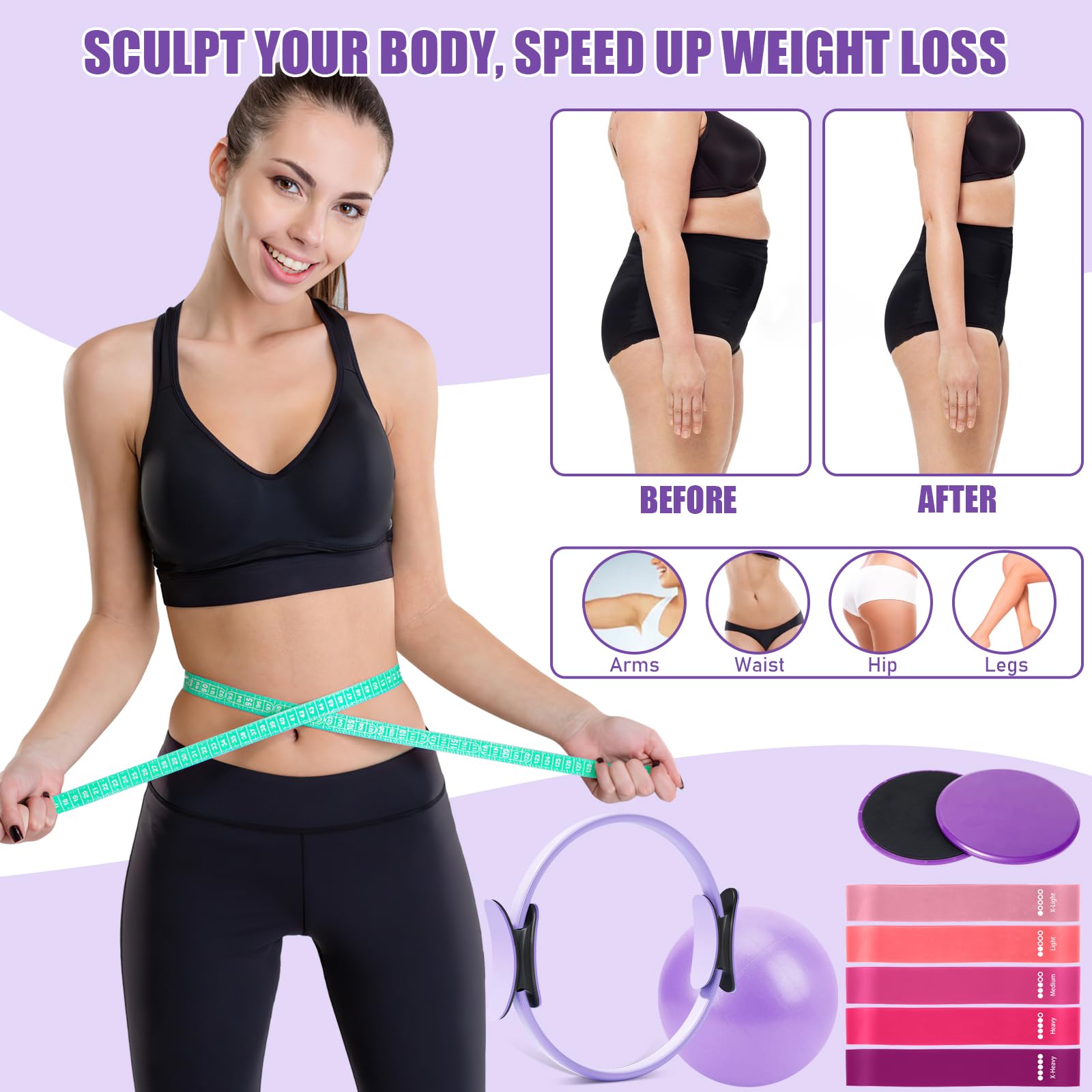 Ensemble d'anneaux de Pilates Kit essentiel avec cercle magique 32 cm, balle, bandes, disques glissants et poster d'entraînement