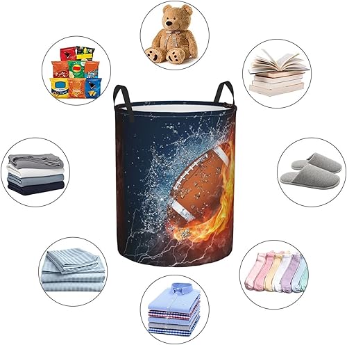 Miniatura 8 de Dujiea Cesta de lavandería redonda de pelota de fútbol en fuego y agua, plegable con asa, bolsa de almacenamiento de lona para ropa sucia,