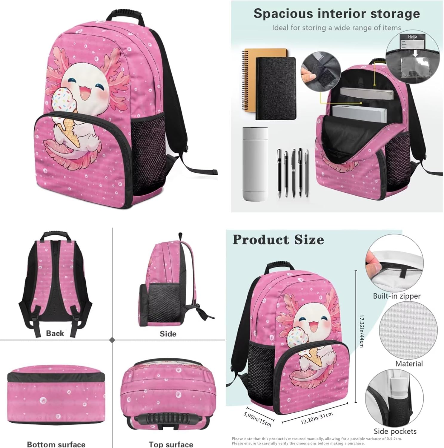 Axolotl Ice Cream Kids Backpack with Lunch Box for Boys Girls Set of 4 School Backpacks Matching Combo Back to School Gifts and Pencil Case Pouch for Teens Children Ages 6-10 17 inch