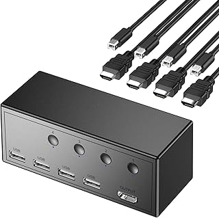 Rybozen KVM Switch 4 Computers, 4K USB KVM Switches 4 in 1 Out for 4 PCs Share One HD Monitor and 4 USB Devices Keyboard Mouse Printer, with 4 USB Cables & HDMI Cables, Individual Button Swapping