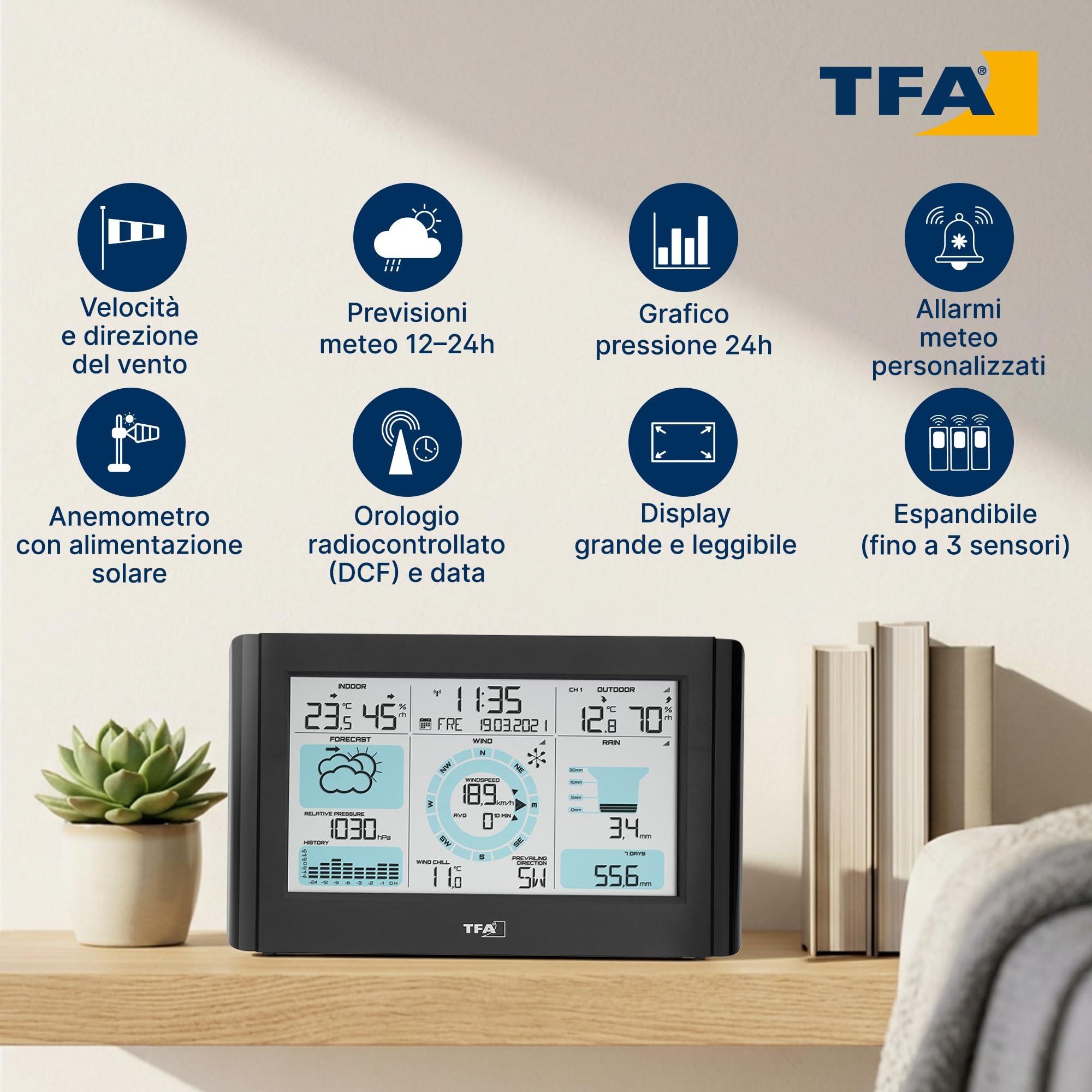 TFA Dostmann stazione meteo Weather Pro, 35.1161.01, con pluviometro, anemometro e sensore esterno, previsioni del tempo, radiocontrollata, temperatura e umidità, pressione atmosferica, nero