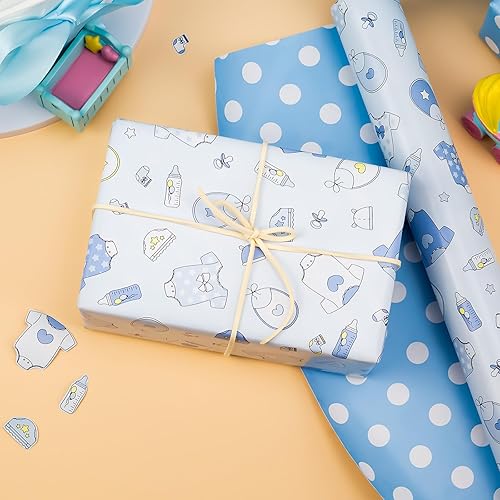 Miniatura 3 de MAYPLUSS Rollo de papel de regalo para bebé recién nacido, 17 pulgadas x 33 pies, bonito diseño de bebé azul y biberones, envoltura de regalo, para