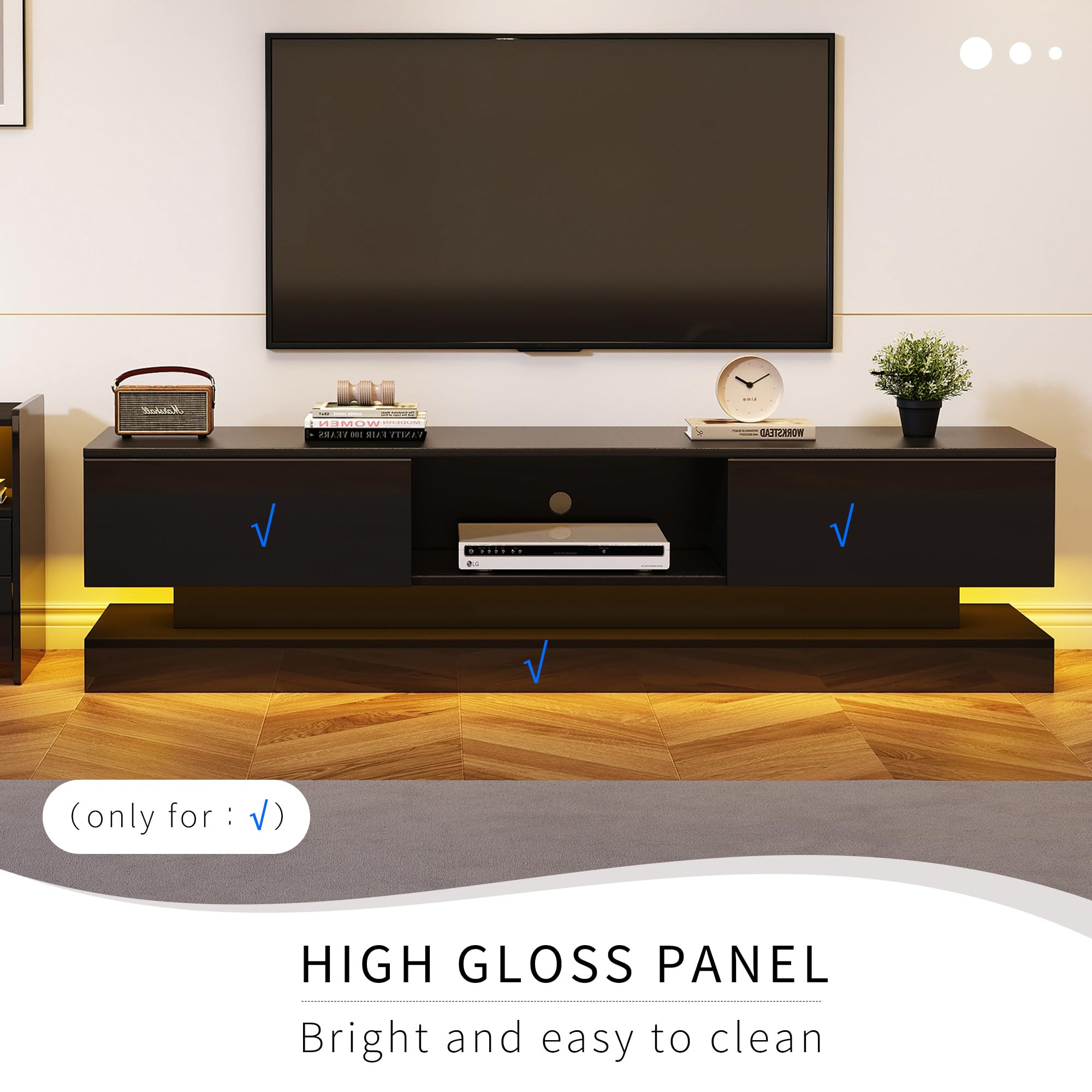 OKMYHOME - Mueble de TV con LED y 2 cajones, frontal brillante, panel de partículas, 160 x 35 x 40,5 cm, color negro