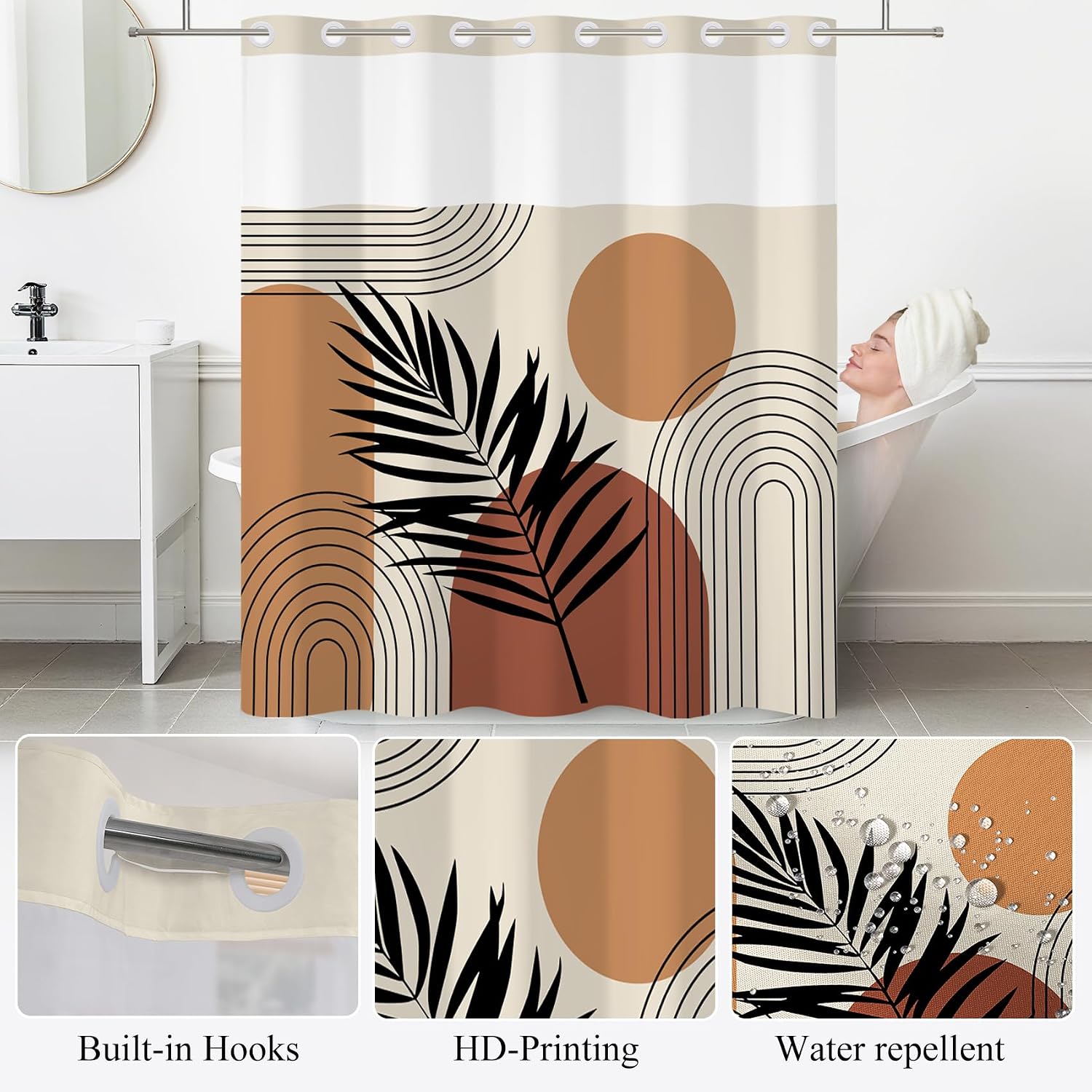 Baocicco No Hook Boho Style Shower Curtains with Mesh Top Window Bohemian Striped Plants Waterproof Fabric Modern Mid Century Bathroom Shower Curtains Minimalist Bath Curtain 71x84 Inch
