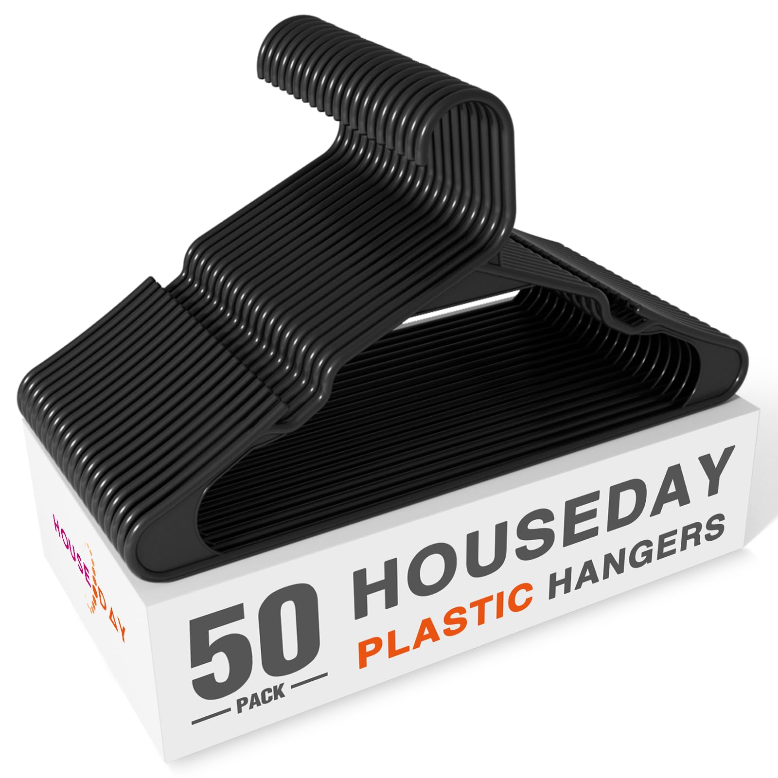 Plastic Hangers 50 Pack - Black Clothes Hangers with Non-Slip Shoulder Grooves, Durable and Sturdy Coat Hanger, Space Saving Slim Design Perfect for Closet Organizers and Storage