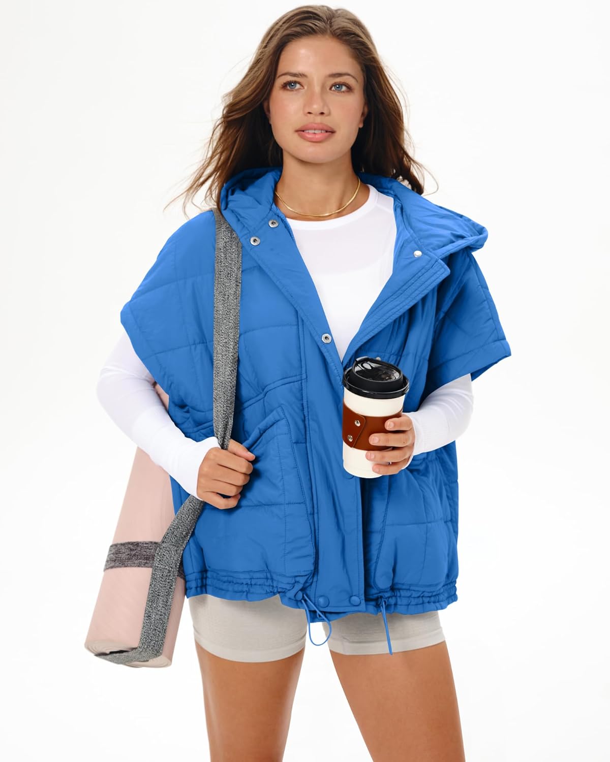 Gacaky Quilted Vest for Women Oversized Stand Collar Cap Sleeve Puffer Jacket Warm Button Zip Up Hoodies Coat Outwear - Image 6