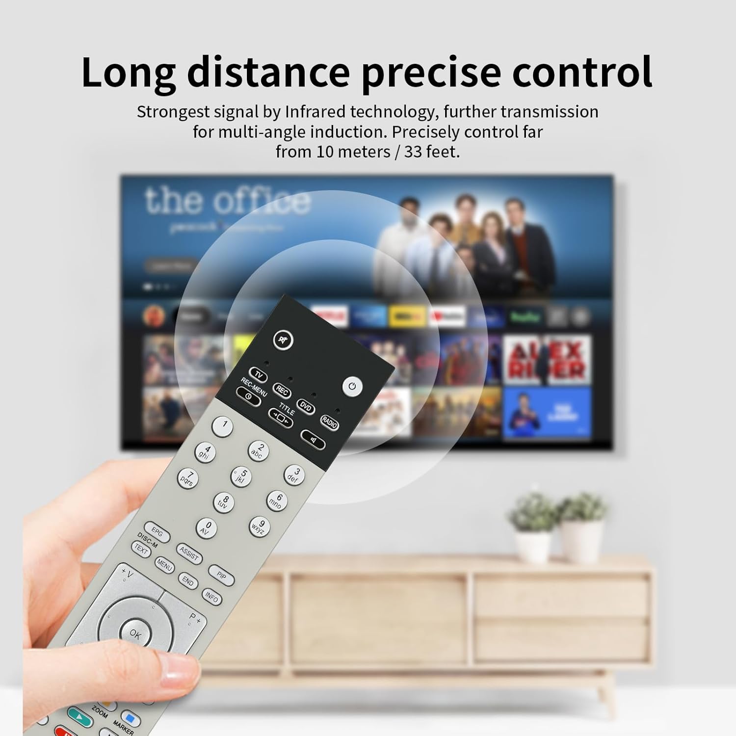 User holding GOUYESHO remote control, demonstrating long-distance use