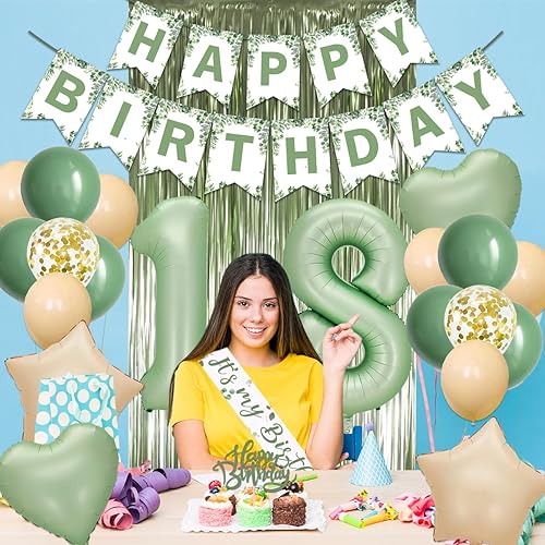 Miniatura 5 de Decoraciones de cumpleaños número 18 para niñas, decoraciones de globos de fiesta verde salvia, pancarta de feliz cumpleaños, decoración de pastel