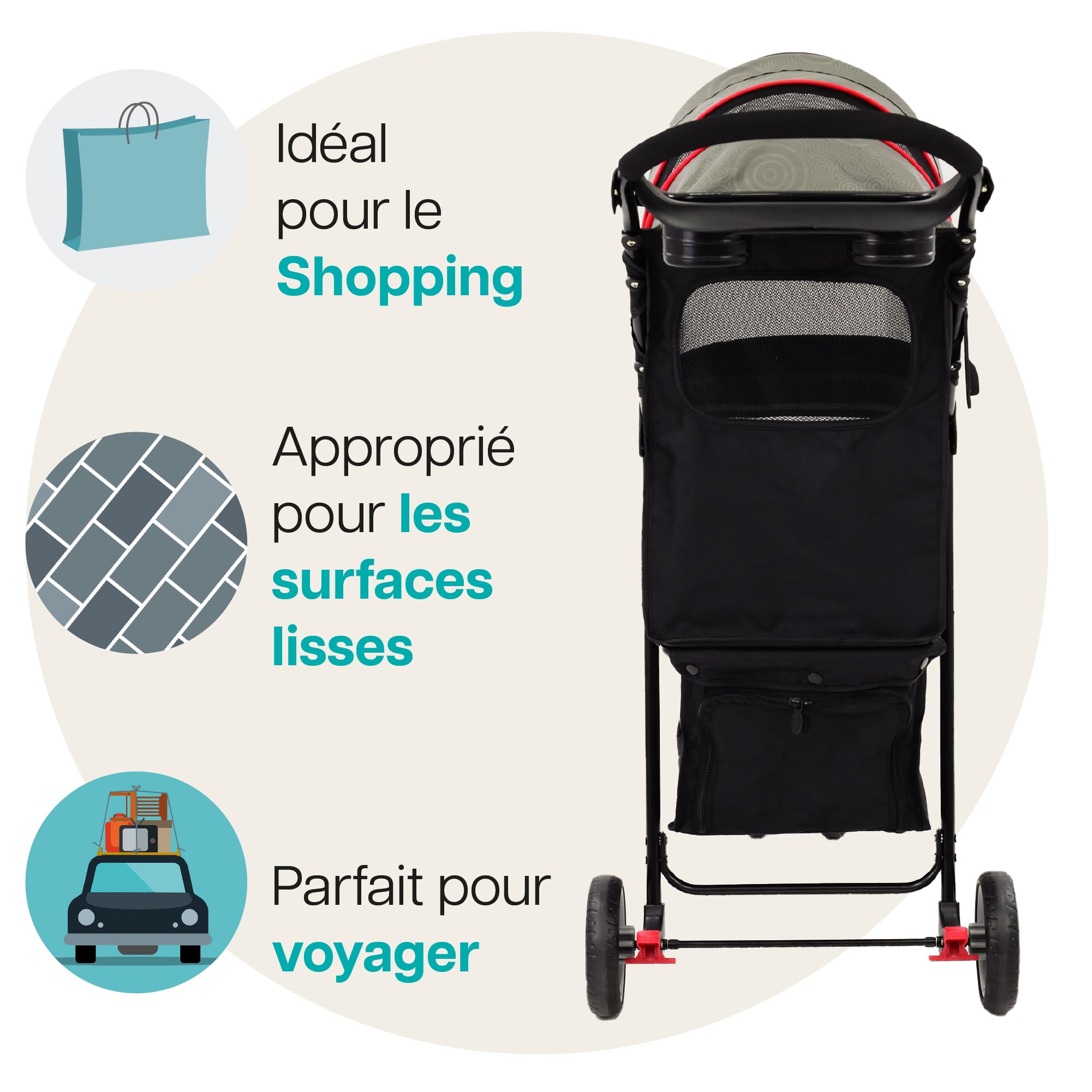 Poussette légère Innopet Avenue pour chiens et chats, gris/rouge - Poussette urbaine compacte pour animaux de compagnie avec housse de pluie, sangles de sécurité et panier de rangement