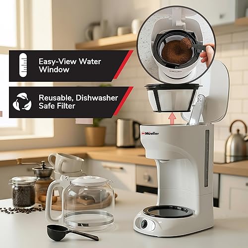 Miniatura 5 de MUELLER HOME Cafetera blanca de 12 tazas, jarra de borosilicato, apagado automático, filtro reutilizable, antigoteo, función de mantener el calor