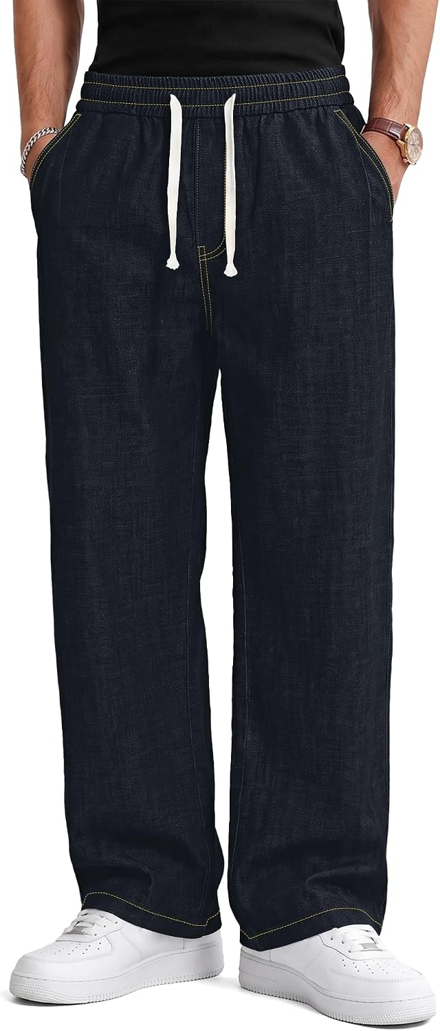 TARAINYA Men's Baggy Jeans Cotton Trousers S-4XL | Denim Elastic Waist with Drawstring, Wide Leg, Baggy, Pleats, 4 Functional Pockets, Casual, Outdoor