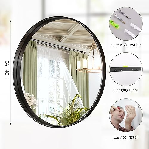 Miniatura 4 de Suidia Espejo de pared, espejo de marco de metal negro de 24 pulgadas, espejo de pared redondo para baño, tocador, sala de estar, entrada, espejo de