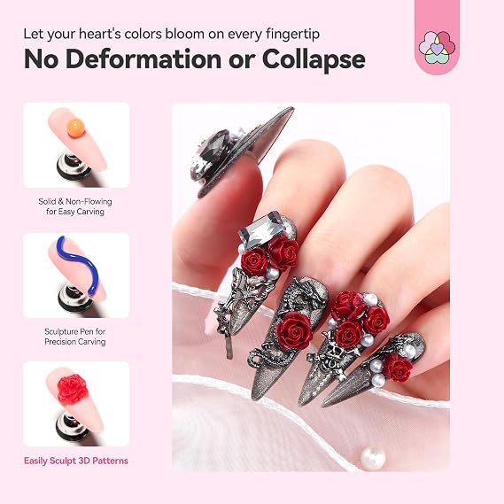 SAVILAND 3D Nail Gel Set: 12 Colors Non-Sticky Soak Off 3D Sculpting Gel for Nail Art Painting Drawing Hand Carving Molding with Sculpture Pen for 3D Nail Art Design Home Salon Manicure DIY