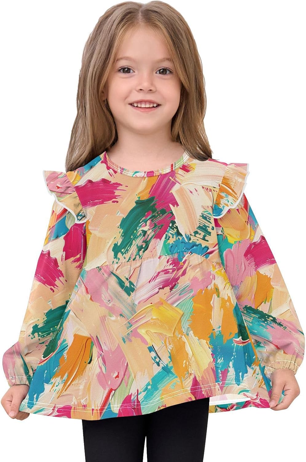 visesunny Toddler Clothes for Girls Colorful Pigment Design Long Sleeve Fall Shirts Cotton Top with Ruffle Collar