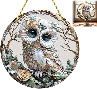 2D Hanging Window Decoration Owl in Stained Glass Look Colourful Acrylic Suncatcher with Chain Decorative Pendant for Indoor and Outdoor Use (Garden Balcony Window)
