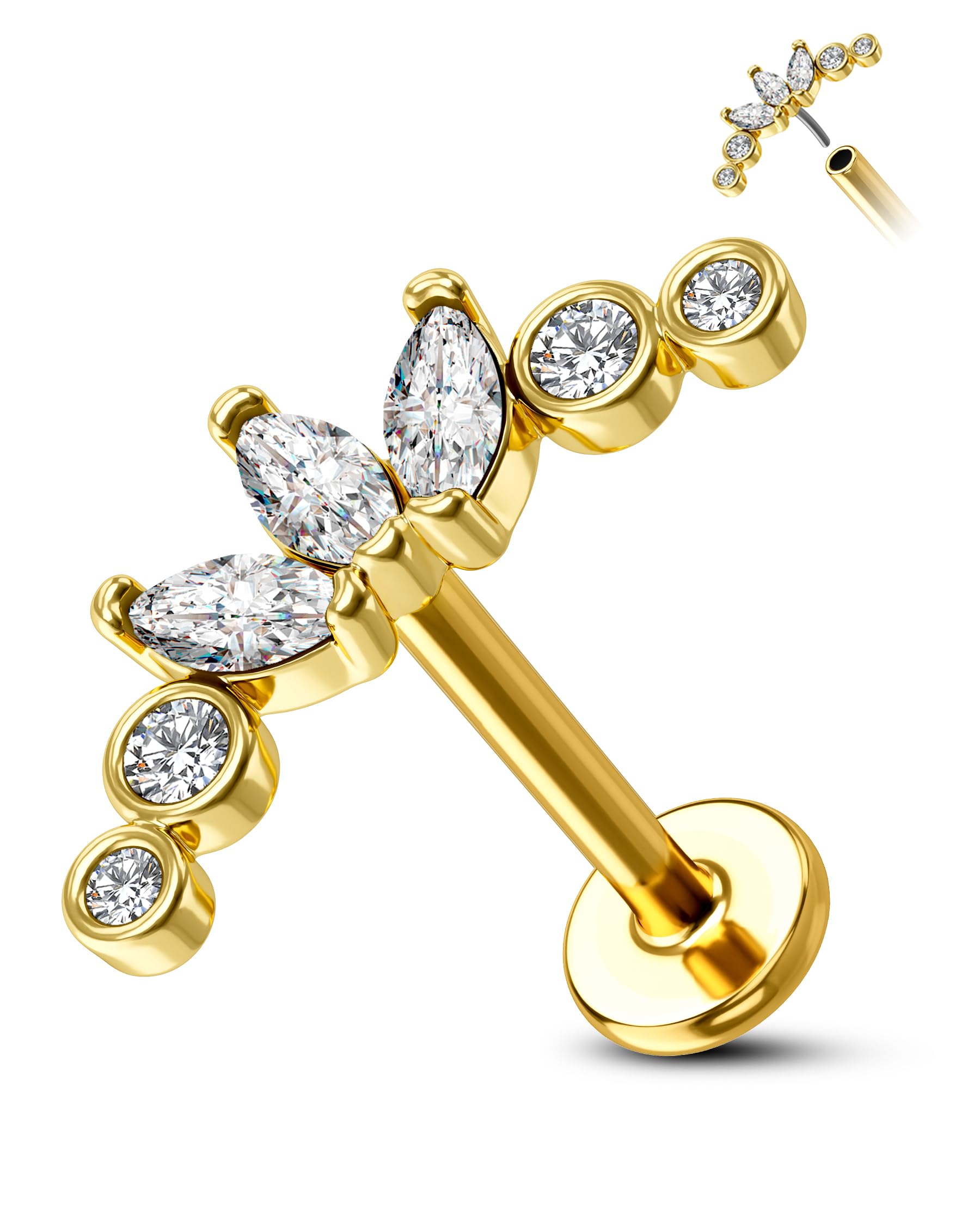 COCHARM 14K Solid Gold Threadless Flower Ear Helix Flat Conch Earring Stud Flat Back 16g Yellow Gold Push Pin Ear Conch Piercing Stud 14k Gold 8mm Climb 16g Earrings for Women