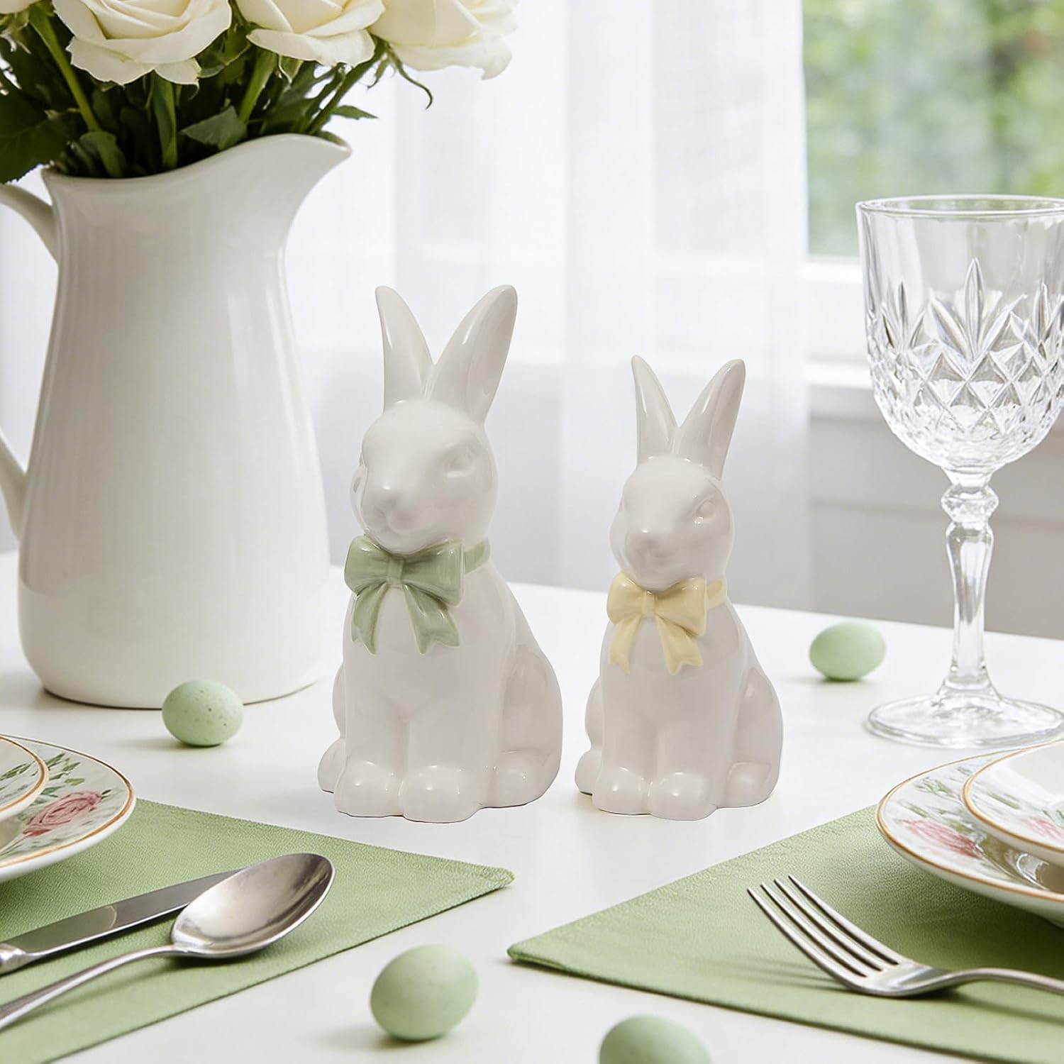 DN DECONATION 2PCS Easter Decoration Bunny Decor - Spring Easter White Rabbit Sculpture, Ceramic Statues with Bow for Farmhouse Home Decor Tabletop Shelf Mantel Dining Table Centerpiece White, Green and Yellow
