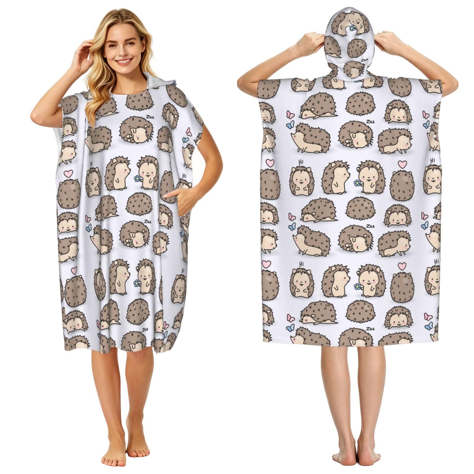 Poadnly Hedgehog, Adult Hooded Beach Towel 90 x 110 cm,Changing Bath Robe, Surf Poncho Towel For Women Men