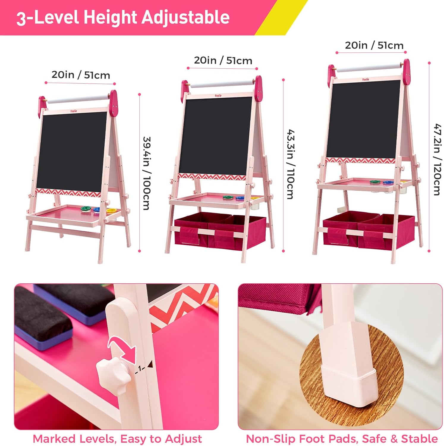 FUNLIO Anti-Warping Kids Art Easel, 3 Height Adjustable for Kids Aged 2-8, All-in-One Toddler Easel with Paper Roll & Erasable Frame, Standing Easel with Magnetic Chalkboard/Whiteboard (Pink)