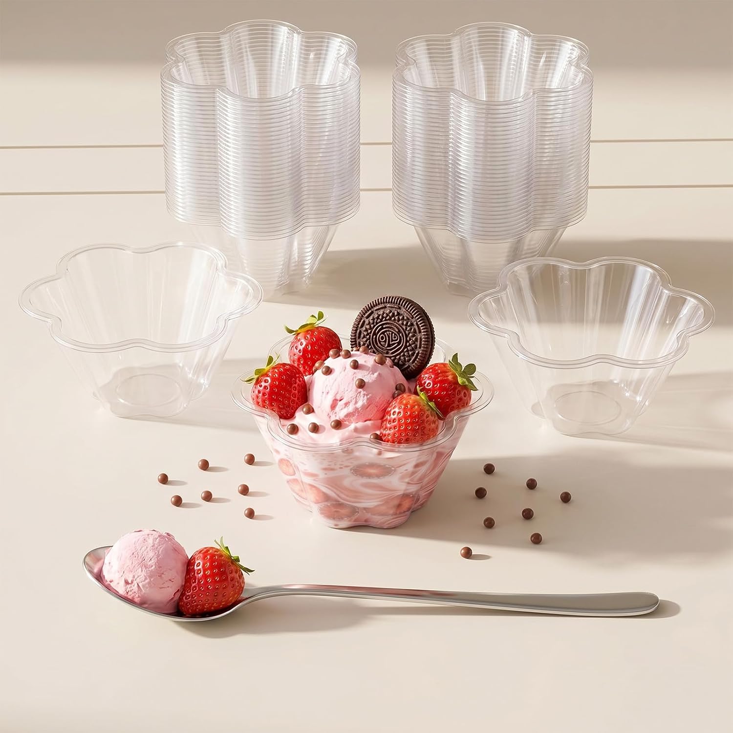 200 PCS Small Clear Plastic Bowls – 8 OZ Disposable or Reusable Flower-Shaped Dessert Bowls for Ice Cream, Appetizers, Snacks, Candy, Salad, Party & Wedding