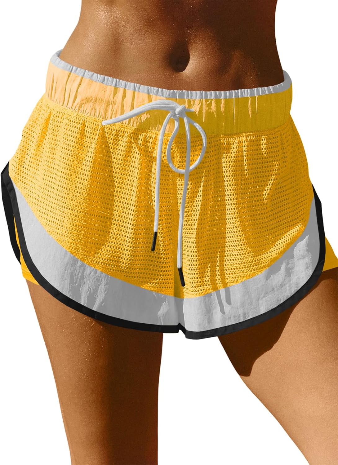 Fisoew Women Athletic Shorts 2 in 1 Running High Split Color Block Workout Yoga Mesh Shorts Pocket Drawstring