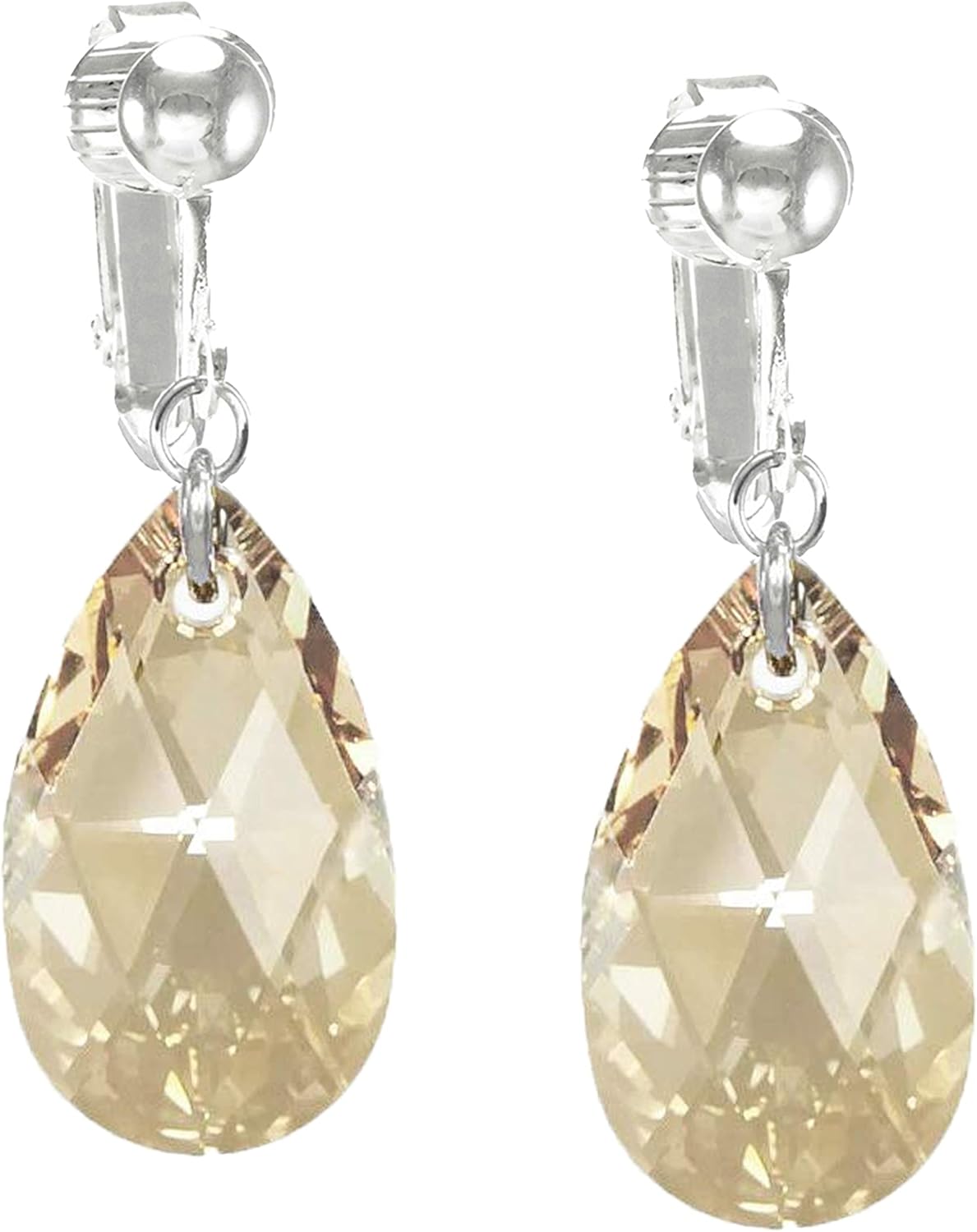 Beautiful 22mm Austrian Crystal Teardrop Dangle Earrings, Silver Clip On, Color Choicce (golden shadow)