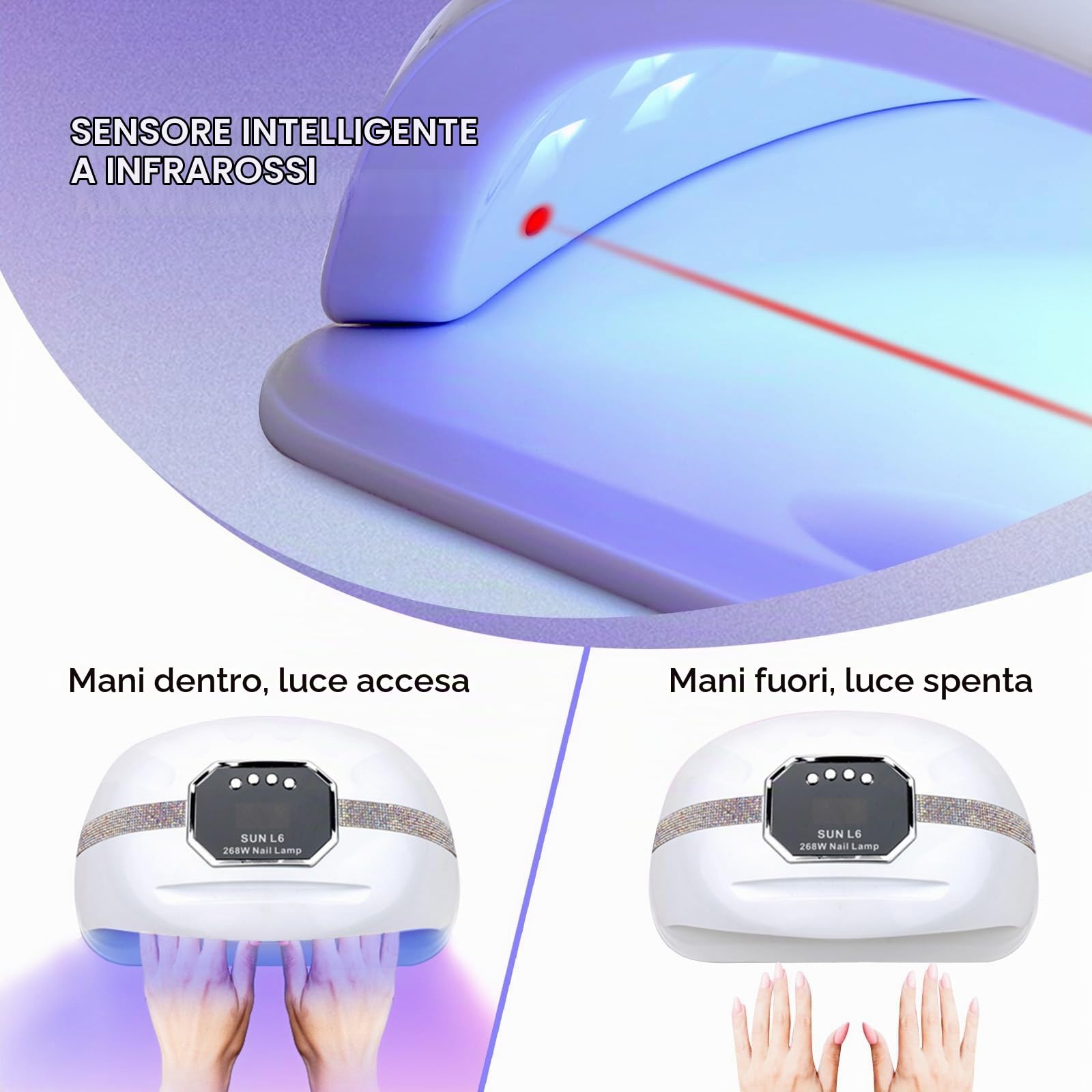 Lampada UV LED Unghie,268W Lampada per Unghie Con 4 Timer e Sensore Automatico,Professionale Fornetto Unghie con 45 LED,Lampada Asciuga Smalto Semipermanente Per Manicure/Pedicure