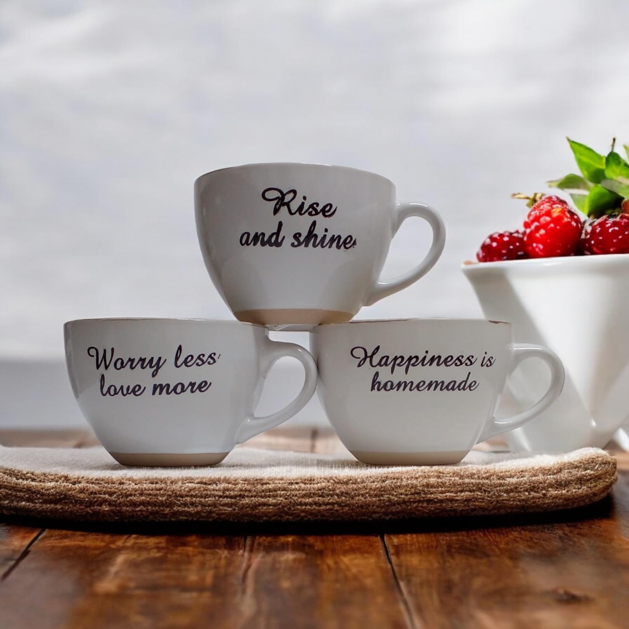 Set de 3 tazas desayuno Tazones De Sopa De Cerámica Taza De Café Grande, Tazas De Sopa Con Asa Apto Para Microondas Y Lavavajillas Para Cereal Postre Ensalada Té Leche de 550ml (blancos)