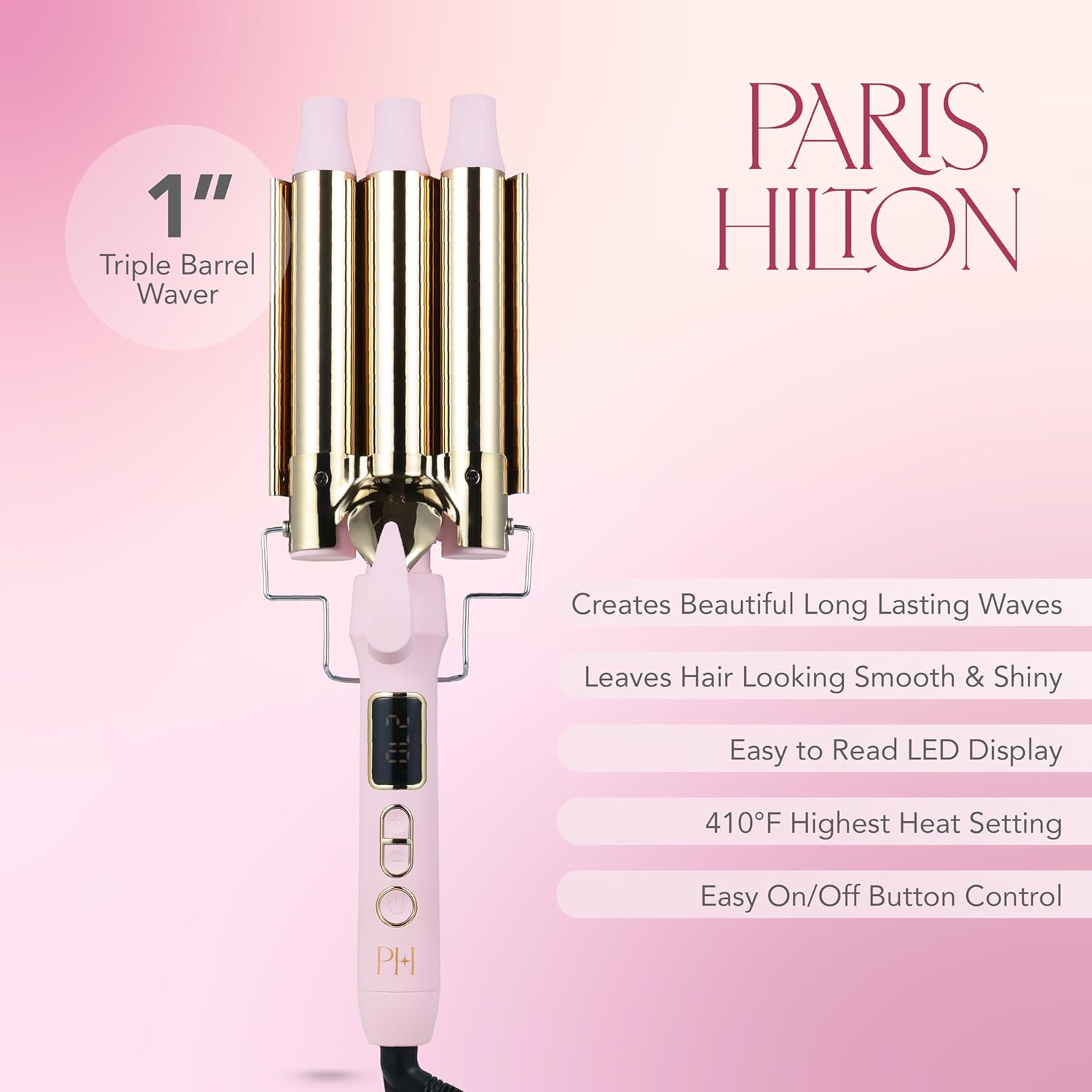 Paris Hilton - Triple Hair Waver, Professional Ceramic Curling Iron for Long-Lasting Beach Waves & Voluminous Styling (Pink)