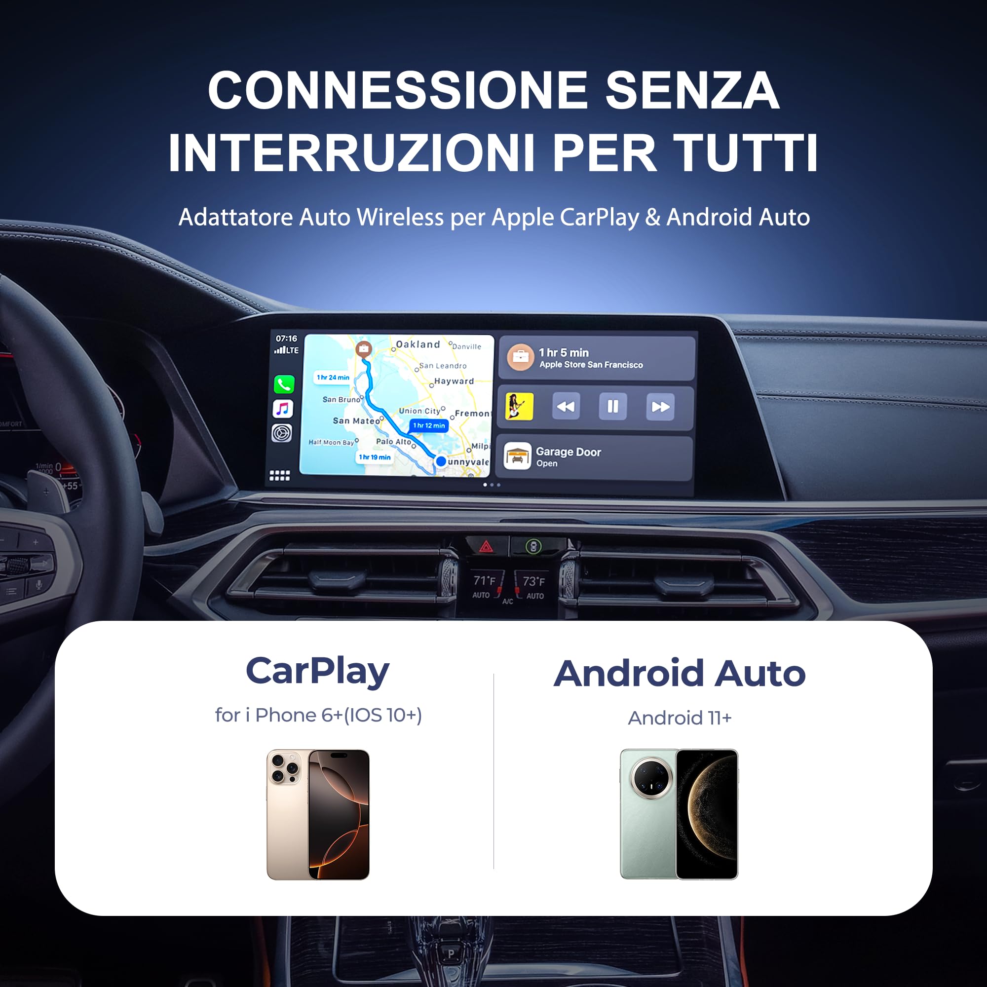 Adaptateur CarPlay sans Fil 2 en 1 pour Apple CarPlay/Android Auto - Carplay Voiture Conversion Instantanée USB-A/USB-C(Adaptateur Inclus) - Compatible 800+ Modèles Voitures