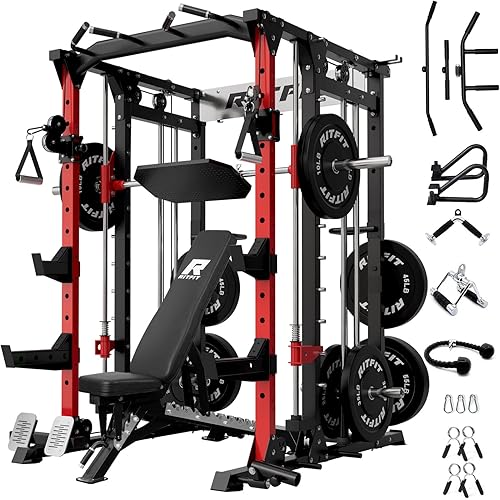 RitFit Buffalo Smith Machine, Power cage with LAT-Pull Down System & Cable Crossover System, All-in-One Squat Rack for Home Gym, Power Rack