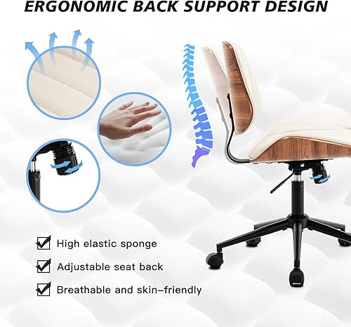 Miniatura 3 de Silla de escritorio sin brazos con ruedas giratorias de 360°, silla de computadora ergonómica de altura ajustable para oficina en casa, piel