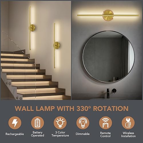 Miniatura 3 de TONYFUL Juego de dos apliques de pared a pilas, lámpara de pared recargable con bombillas regulables de 6000 mAh y control remoto, 3000K-6500K luces