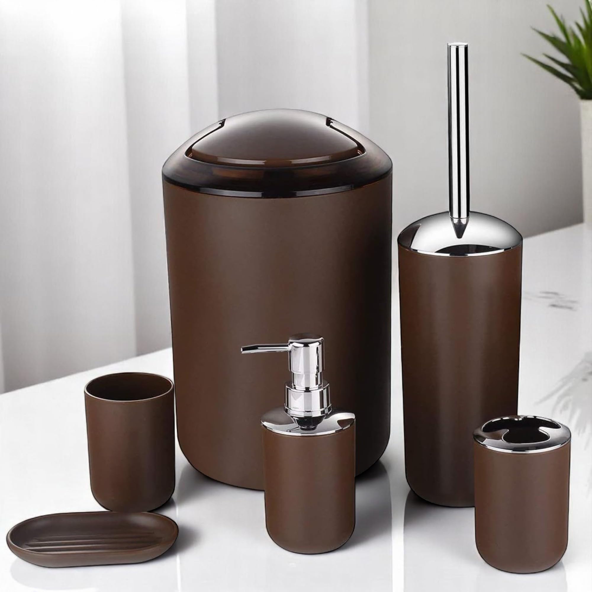 GMMH – Set di 6 accessori da bagno, con dispenser per sapone, porta saponetta e scopino per WC (modello 3, marrone)