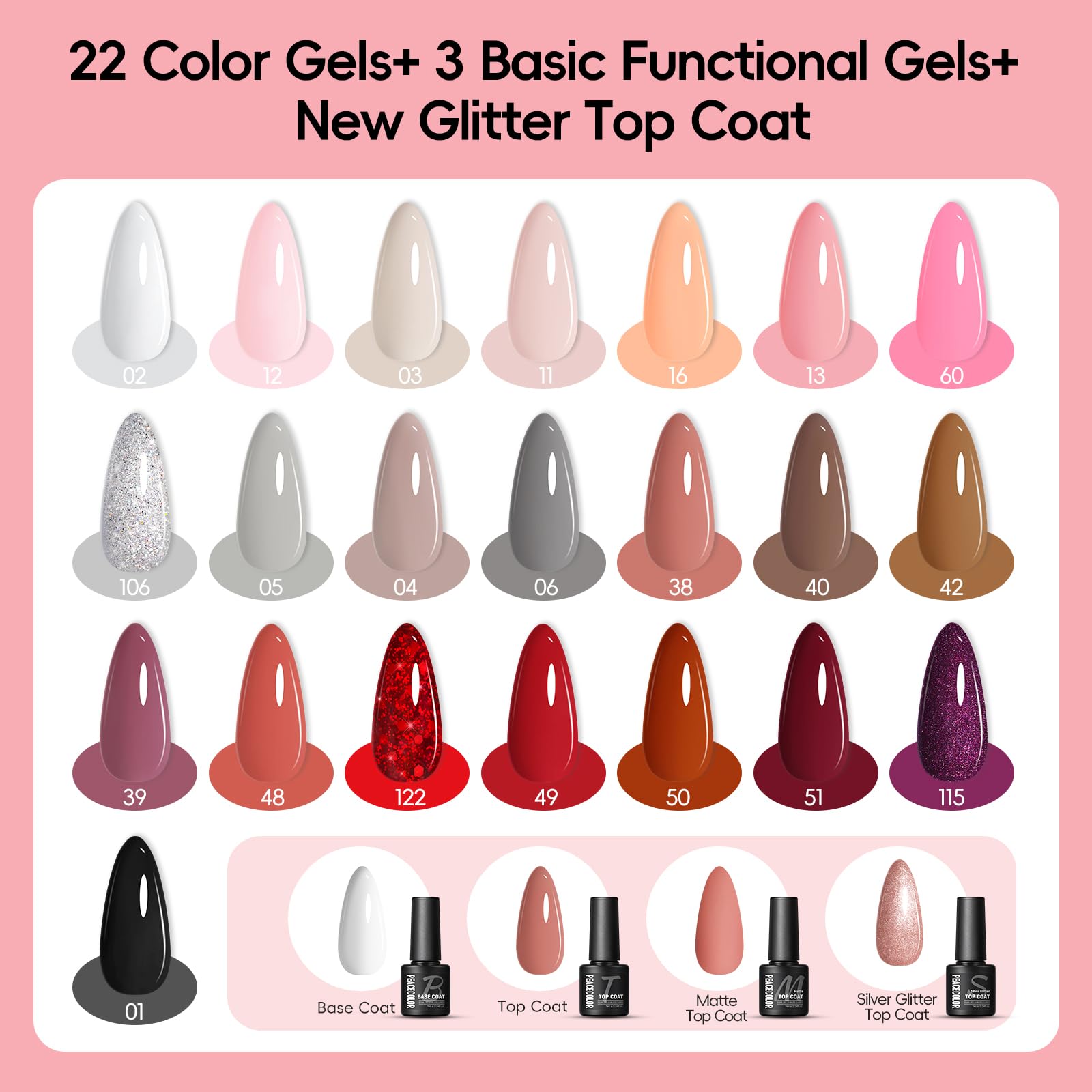 PEACECOLOR 44 Pezzi Kit Semipermanente Unghie, 22 Colori Smalti Semipermanenti per Unghie con Lampada UV Led, Top Base Opaco Glitter Coat,per Principianti Fai da Te