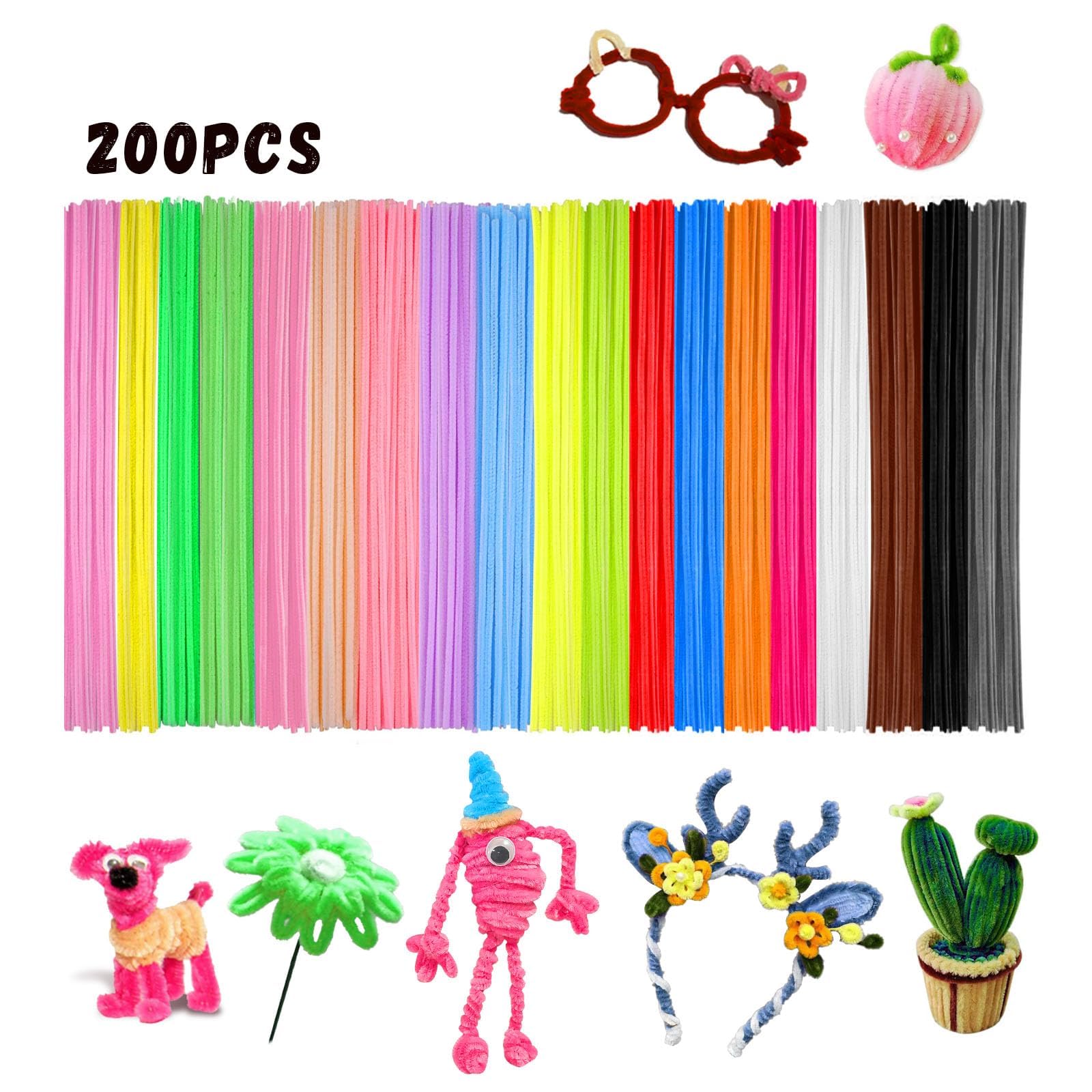 200 Pieces Pipe Cleaners, Multicolor Chenille Stems, Craft Supplies Pipe Cleaners for Art and Creative DIY Decorations(Copper Alloy Steel, 6mm*12 inch, BJH987)