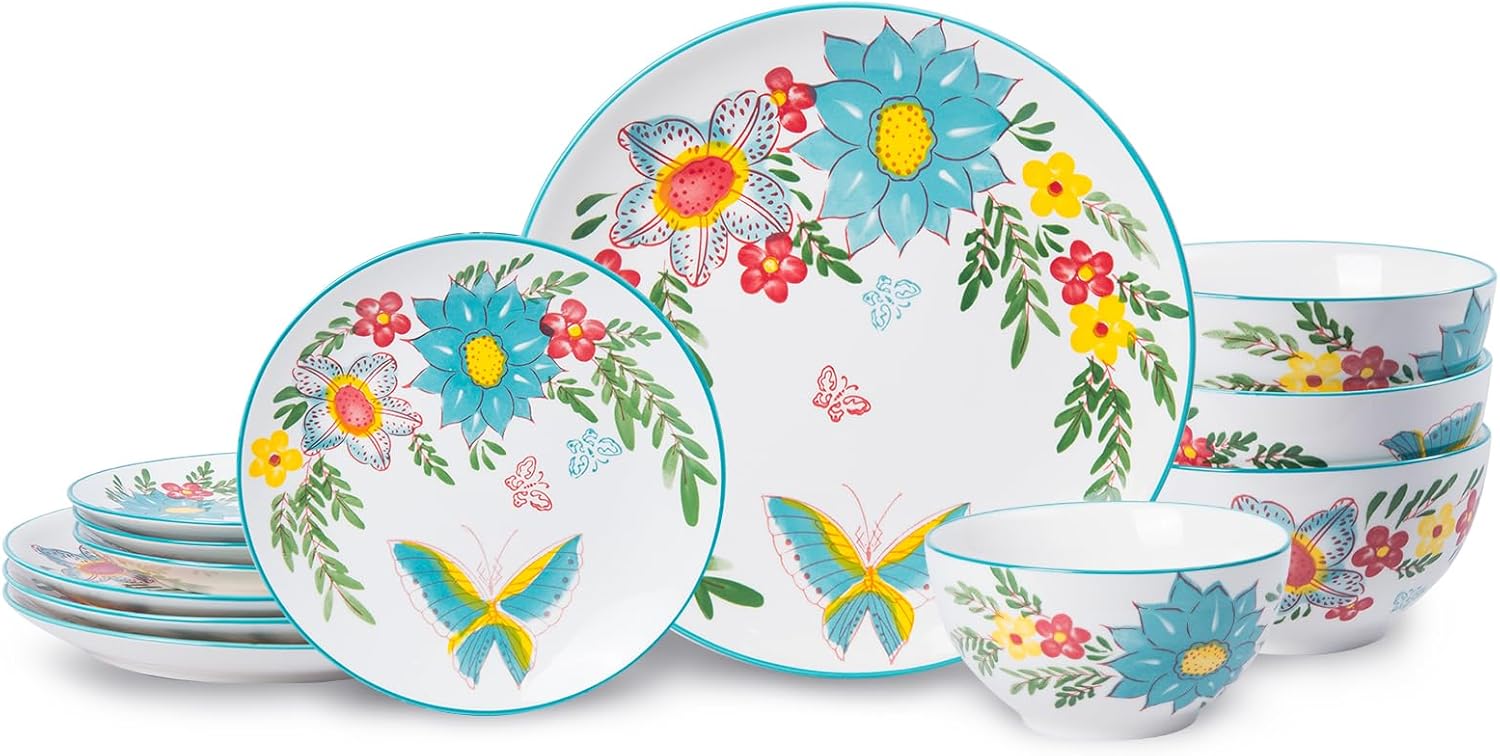 HomePop Ceramic 12-Pieces Dinnerware Sets,Dish Plates and Bowls Sets - Red