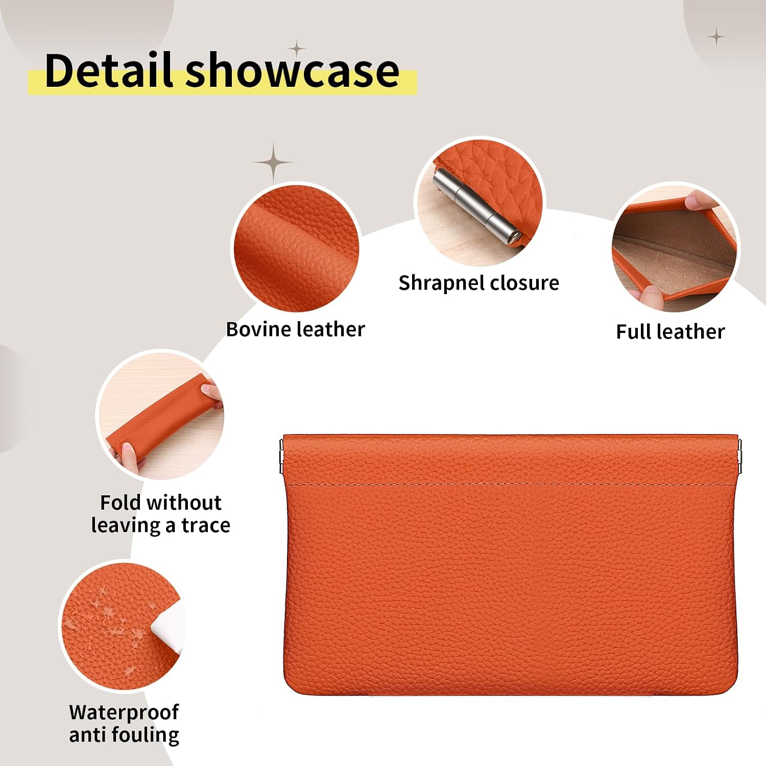 Genuine Leather Pocket Cosmetic Bag for Purse,Coin Purse Lipstick Cosmetic Accessories Travel Pouch for Storage Waterproof Portable No Zipper Self-closing Small Makeup Pouch (Orange) image 4