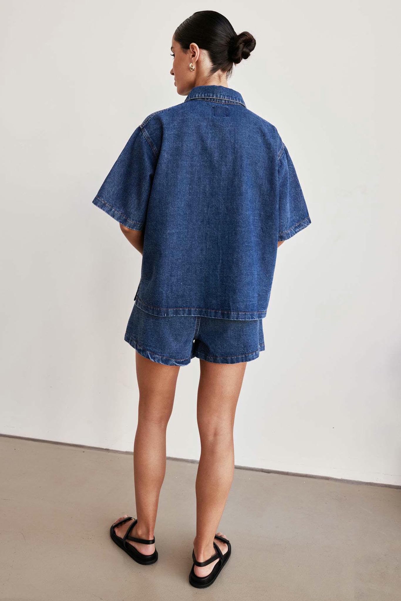 Jeans da Donna Abito in Due Pezzi di Denim Donna, Camicia Abbottonatura A Maniche Corte, Pantaloncini Cofano, Abiti Casual Pezzi-Pantaloncini Azzurro-s