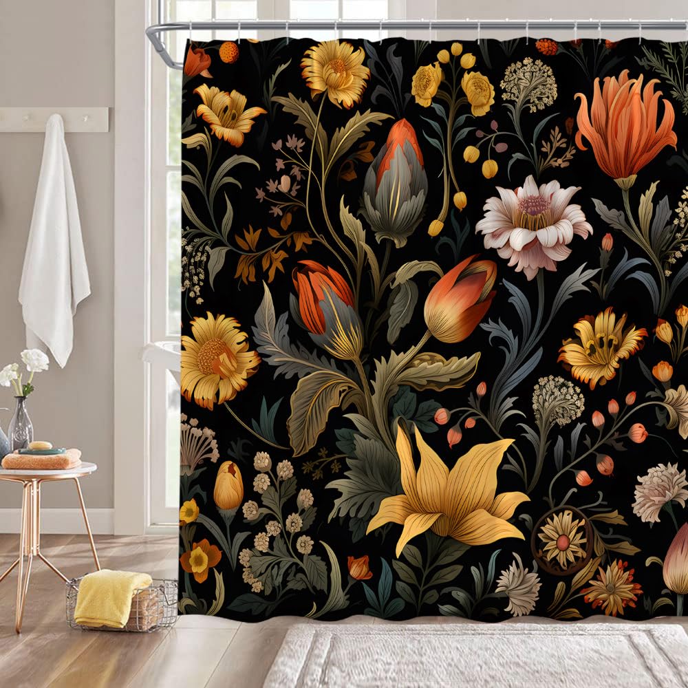 Black Boho Floral Shower Curtain Retro Colorful Abstract Mandala Flowers Watercolor Botanical Blossom Beautiful Plant Rustic Vintage Bathroom Decor Fabric Curtain with Hooks