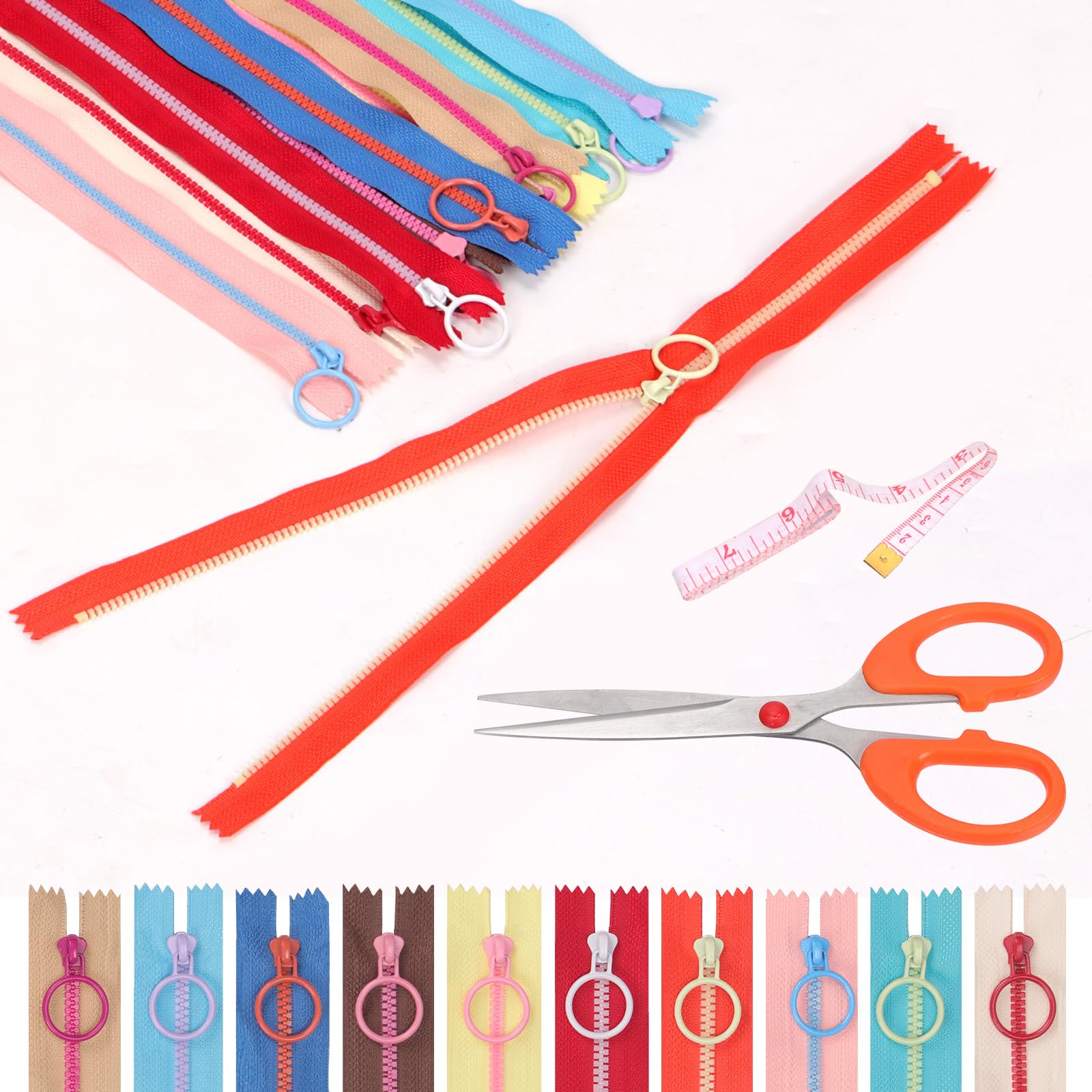 Swpeet 12Pcs 14 Inch Mixed 10 Colors Nylon Resin Zippers with Lifting Ring Pull, Scissors, Soft Tape Measure Assortment Kit, Coil Plastic Zippers Sewing Zippers for Tailor DIY Sewing Bags Garment